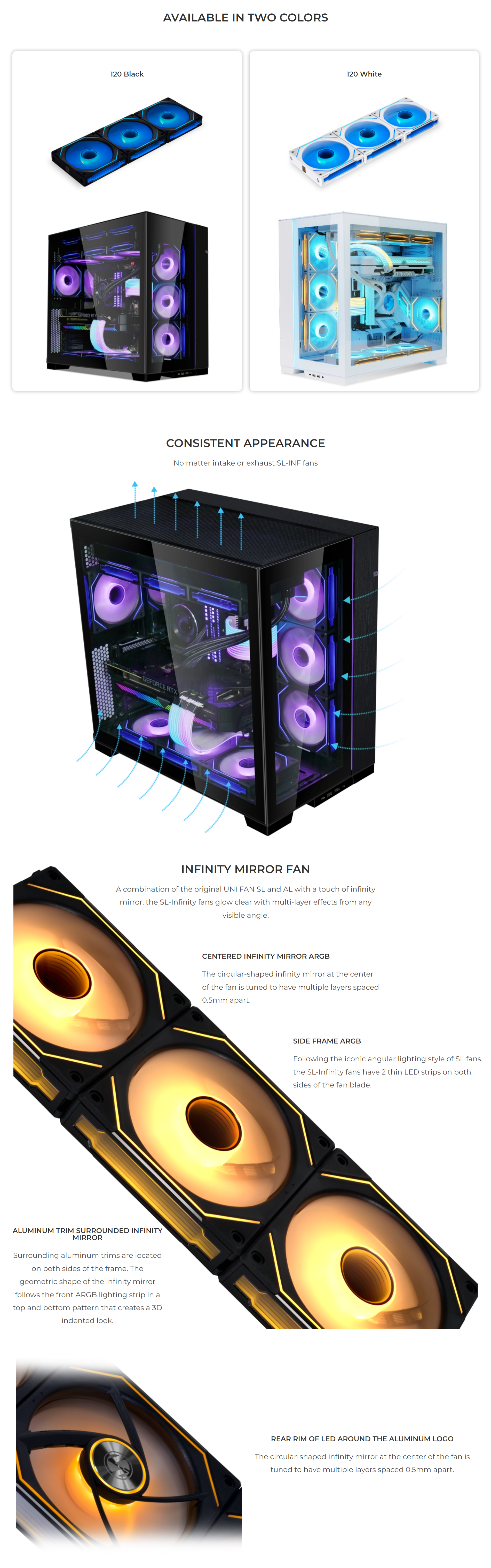 A large marketing image providing additional information about the product Lian Li UNI Fan SL120 Infinity 120mm Reverse Blade Fan Single Pack - Black - Additional alt info not provided
